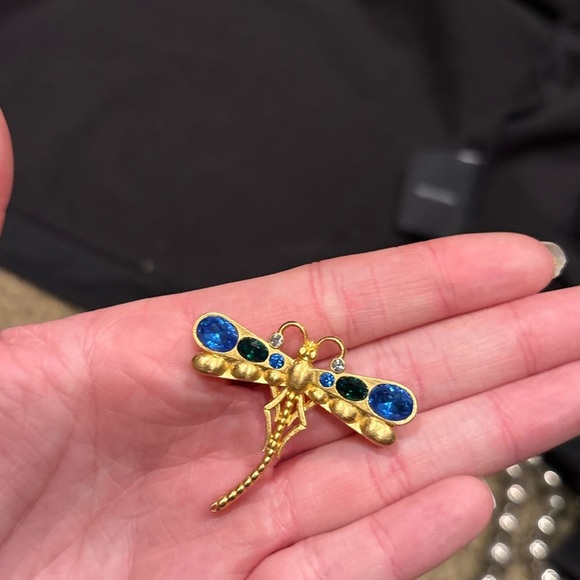 None Jewelry - Gold Dragonfly Brooch with Blue Accents